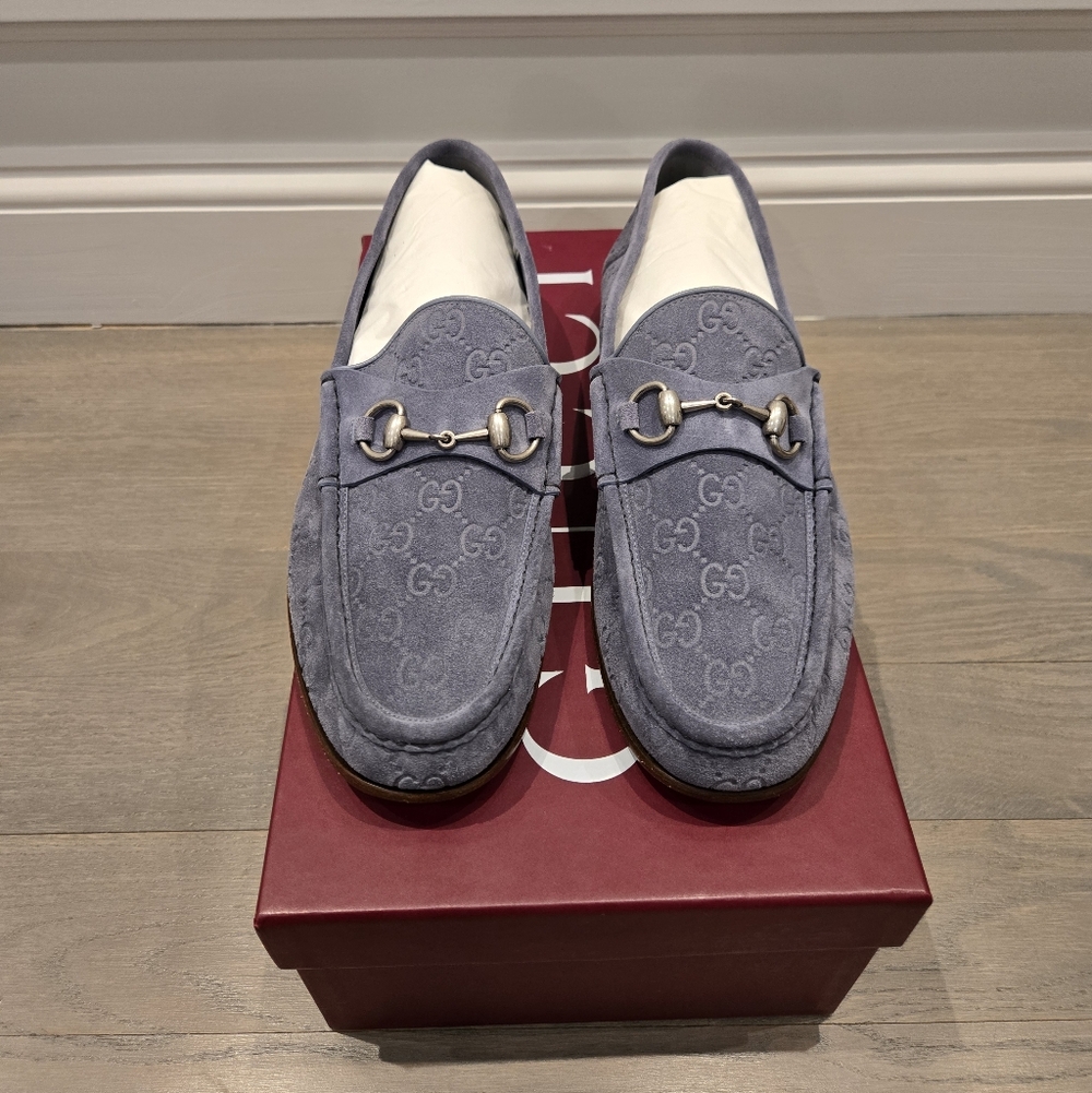 $1090 GUCCI Horsebit 1953 GG Embossed Gray Suede Loafer Shoes UK 10 US 11 EU 44 - Picture 8 of 9